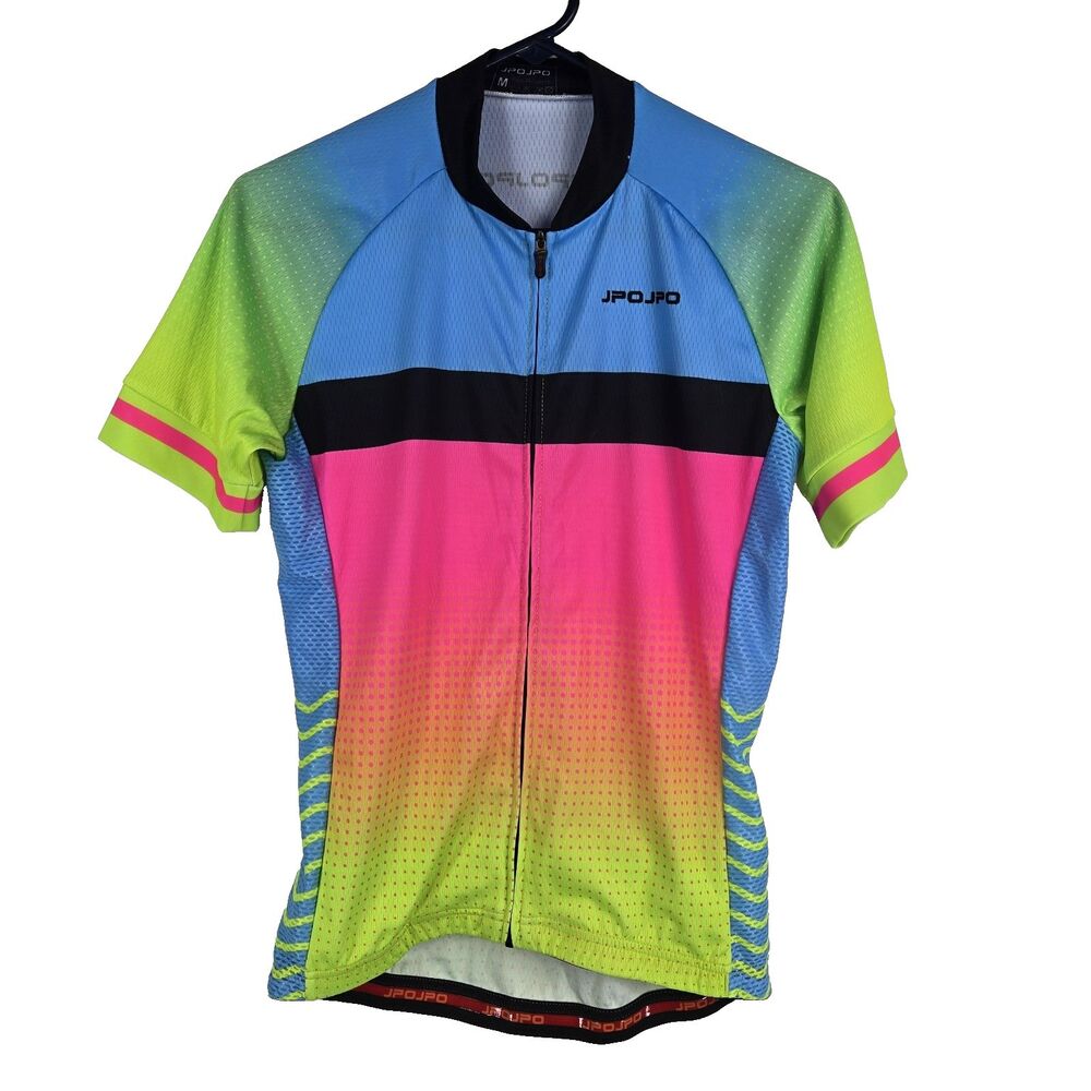 JPOJPO Men's Size Medium Full Zip Neon Colors Cycling Jersey Bike Shirt